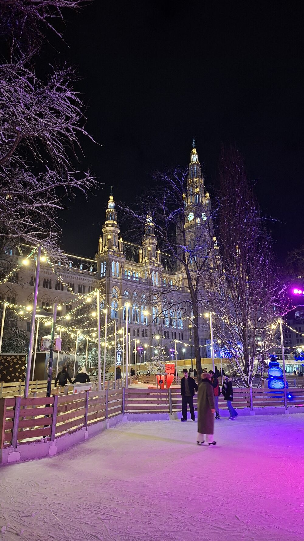 Pista de hielo y luces navideñas frente al Rathaus de Viena